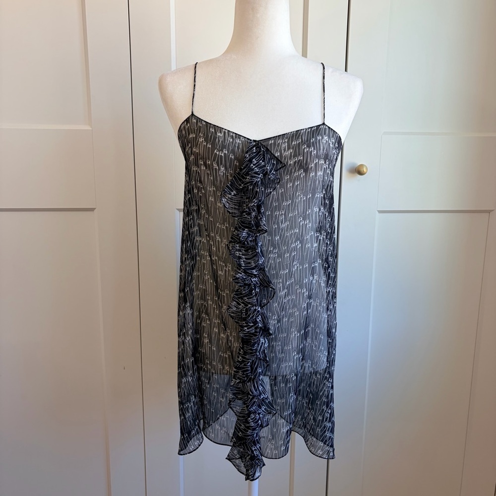 Thomas Wilde Silk Black with White Paperclips Sheer Ruffle Top | M